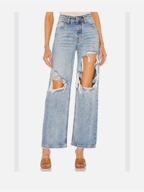 Free People We The Free Thrift Store Distressed Straight Leg Light Wash Jeans 25